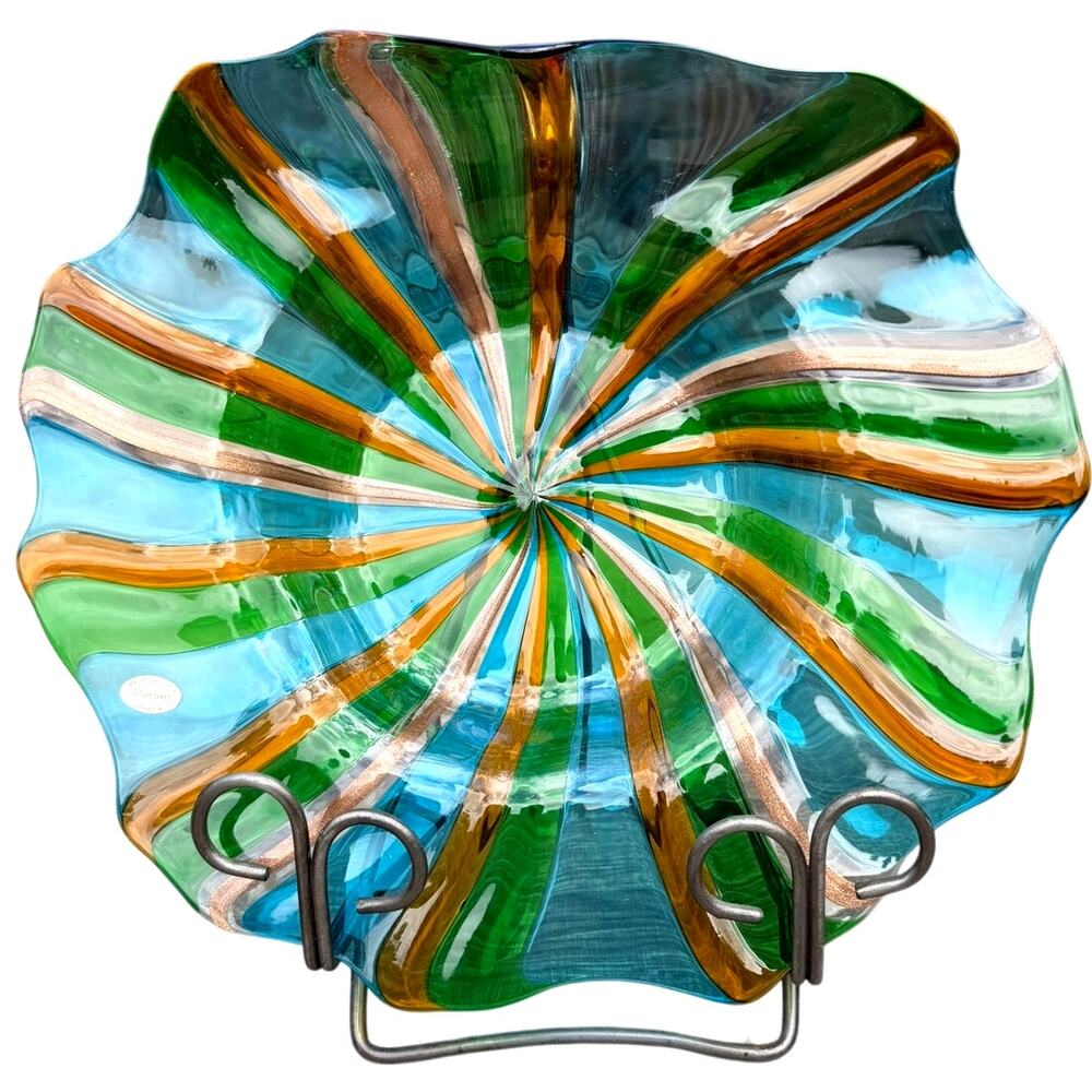 Murano Venezia Vintage ArtGlass Centerpiece Bowl Aqua Green Aventurine 14" Italy
